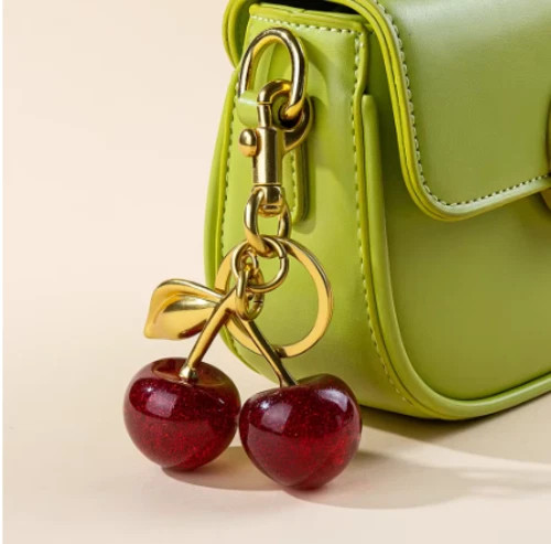 Red Cherry Apple Bag Charm Keychain Resin Metal Brass Purse Decoration.–