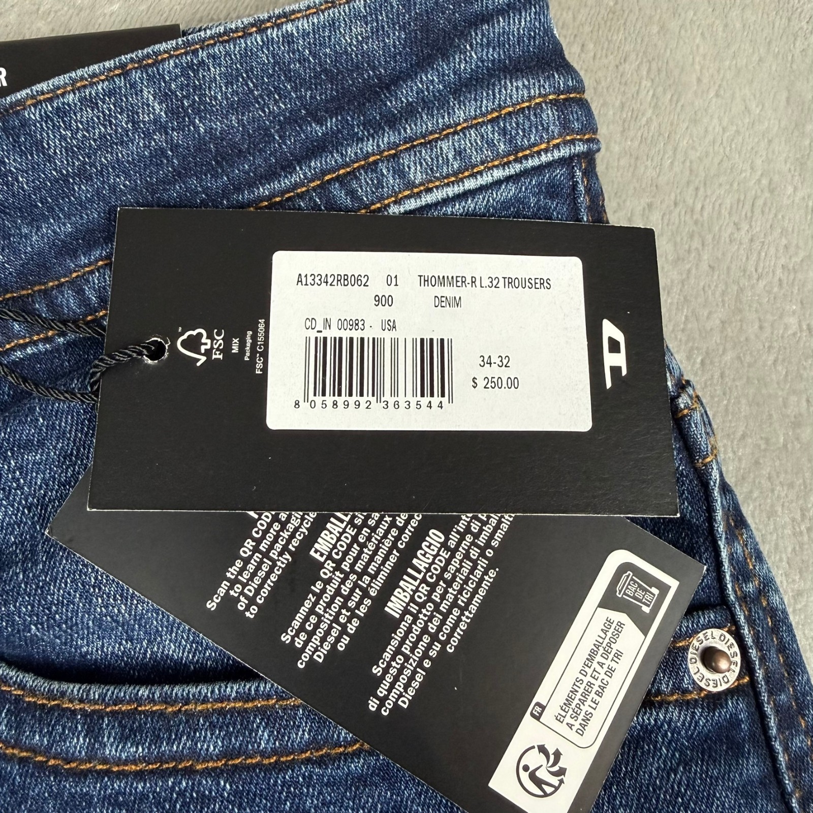 Diesel Thommer Slim Jeans Mens 34×32 Mid Blue Denim Stretch Straight $250 NWT