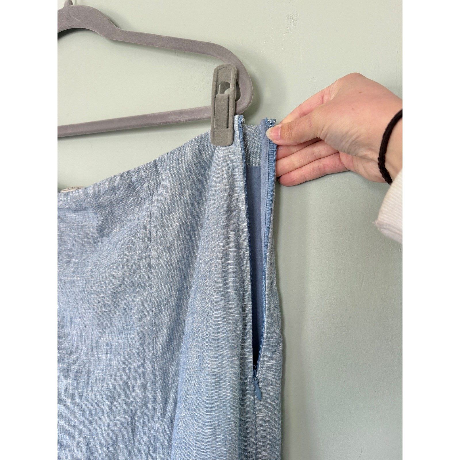 LOFT Linen/Cotton Midi Skirt High Waisted Front Slit Lined Light Blue Size 14/XL