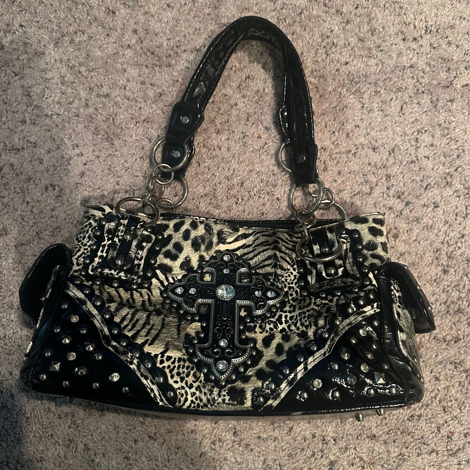 Texas West Western Cross Leopard Print Studded Handbag with Rhinestone Accents
