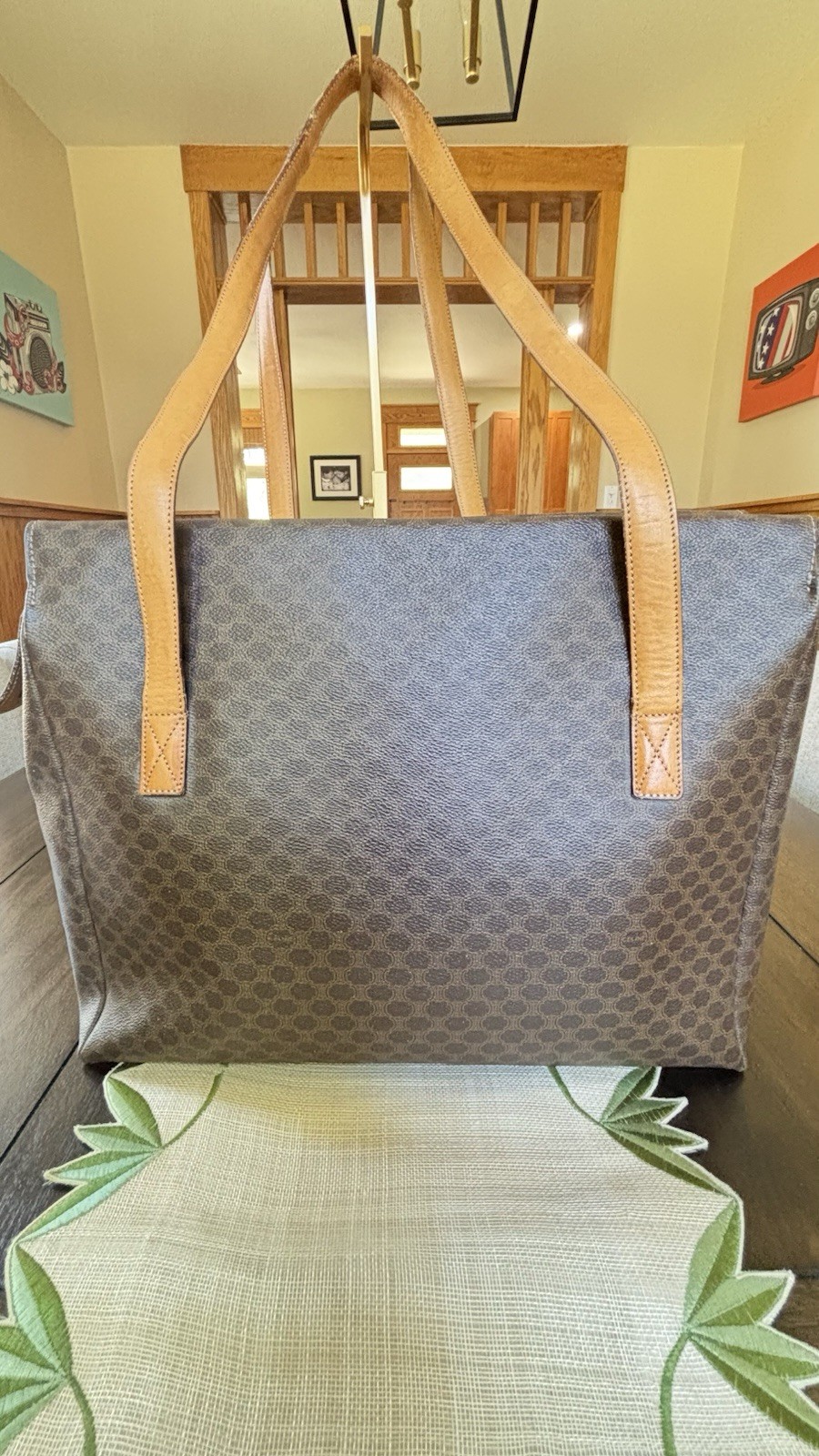 Authentic Celine Macadam Tote Bag Brown Coated Canvas Leather Italy Shopper