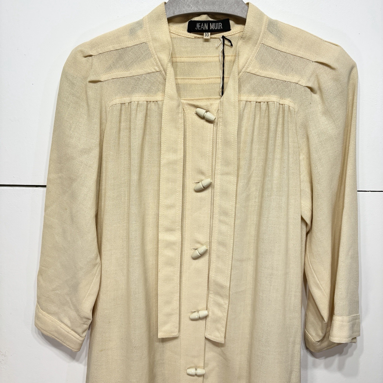 Jean Muir Dress Vintage Yellow Toggle Button Neck Tie Shoulder Padded UK 10