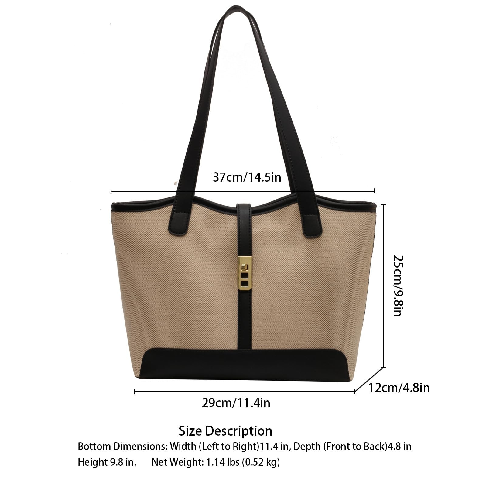 Canvas Tote Bag for Women, Large Shoulder 11.6 x 4.7 x 9.8 inches, Black
