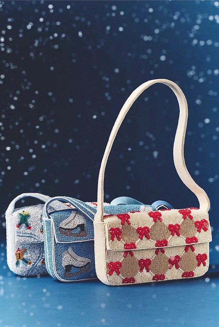 Anthropologie Fiona Beaded Bag Winter Icon Edition Red Bow Checkered New