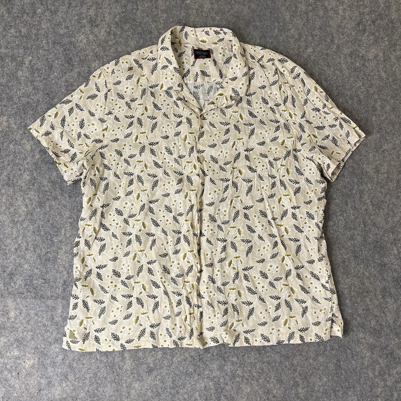 UNTUCKit Linen Button Up Shirt Mens 3XL Short Sleeve Floral Tan Camp Loop Collar