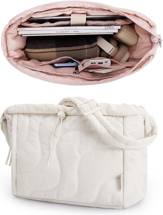 Women’s Quilted Fabric Tote Puffer Tote, Beige