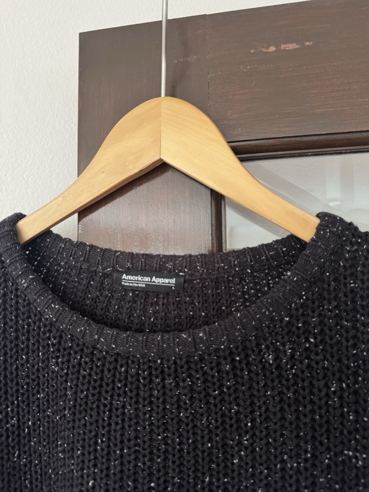 VTG American Apparel Fisherman Sweater Black Confetti White Fleck Knit USA L