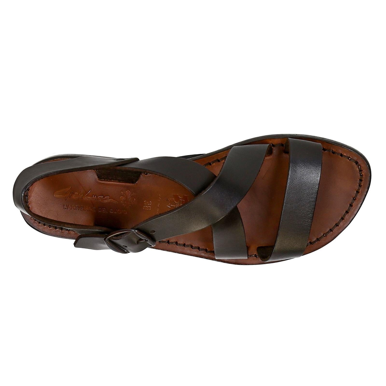 Dark brown leather flat ankle strap sandals shoes for women Handmade in Italy