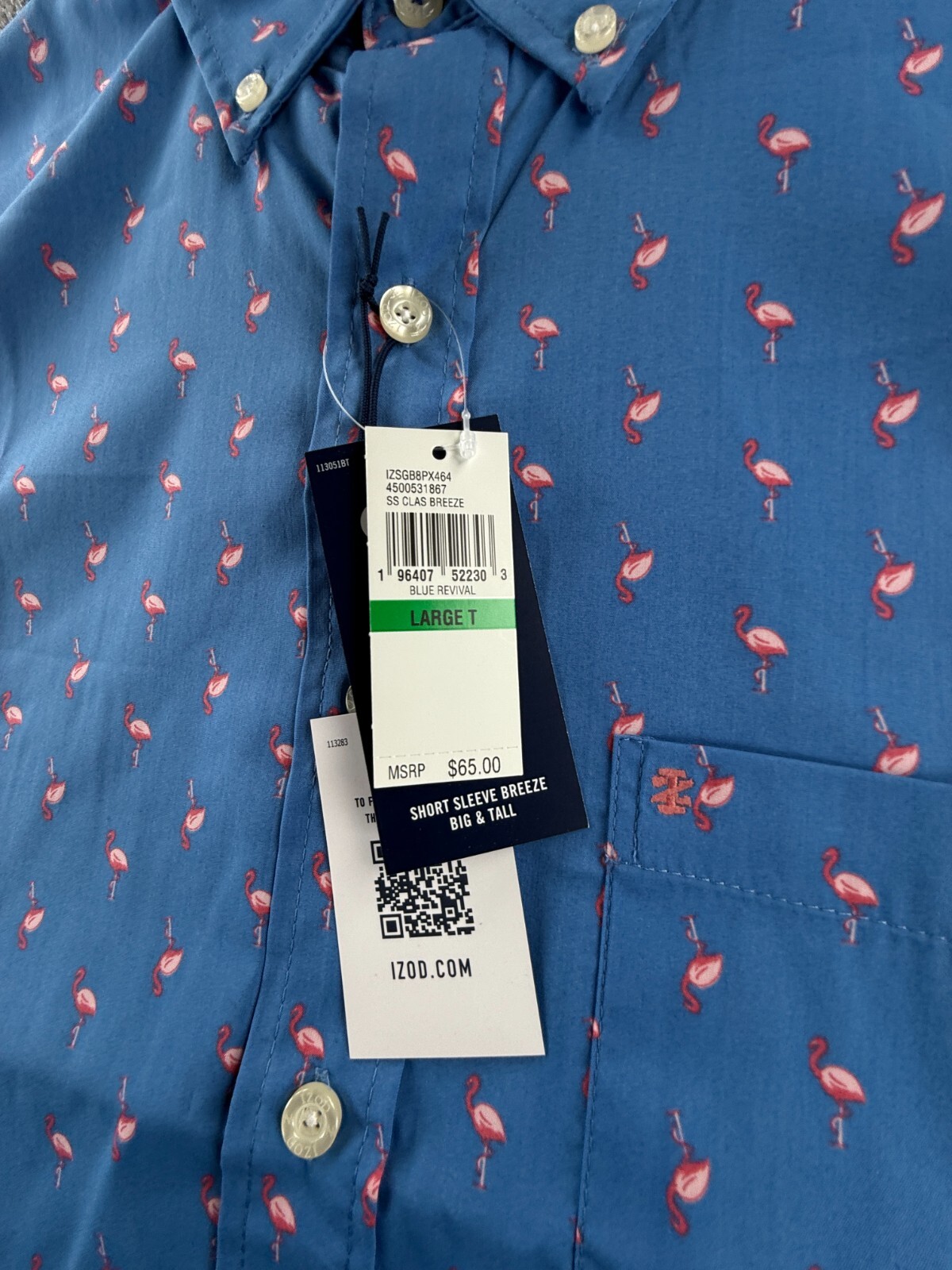 NWT IZOD LT Large Flamingo Print Tall Blue Performance Button Up Beach $65 Men