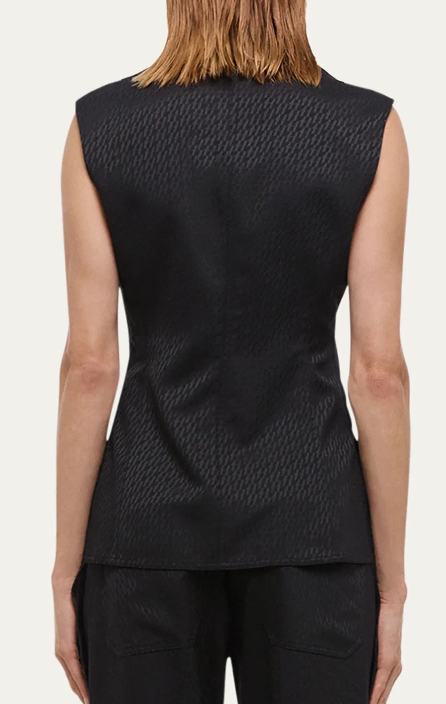 $545 HELMUT LANG Size 8 Sleeveless Modest Vest Black Tonal Jacquard Top