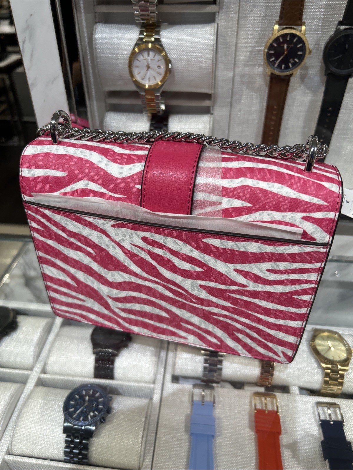 Michael Kors Greenwich Small Crossbody Pink & White Zebra Stripe Bag Handbag MK