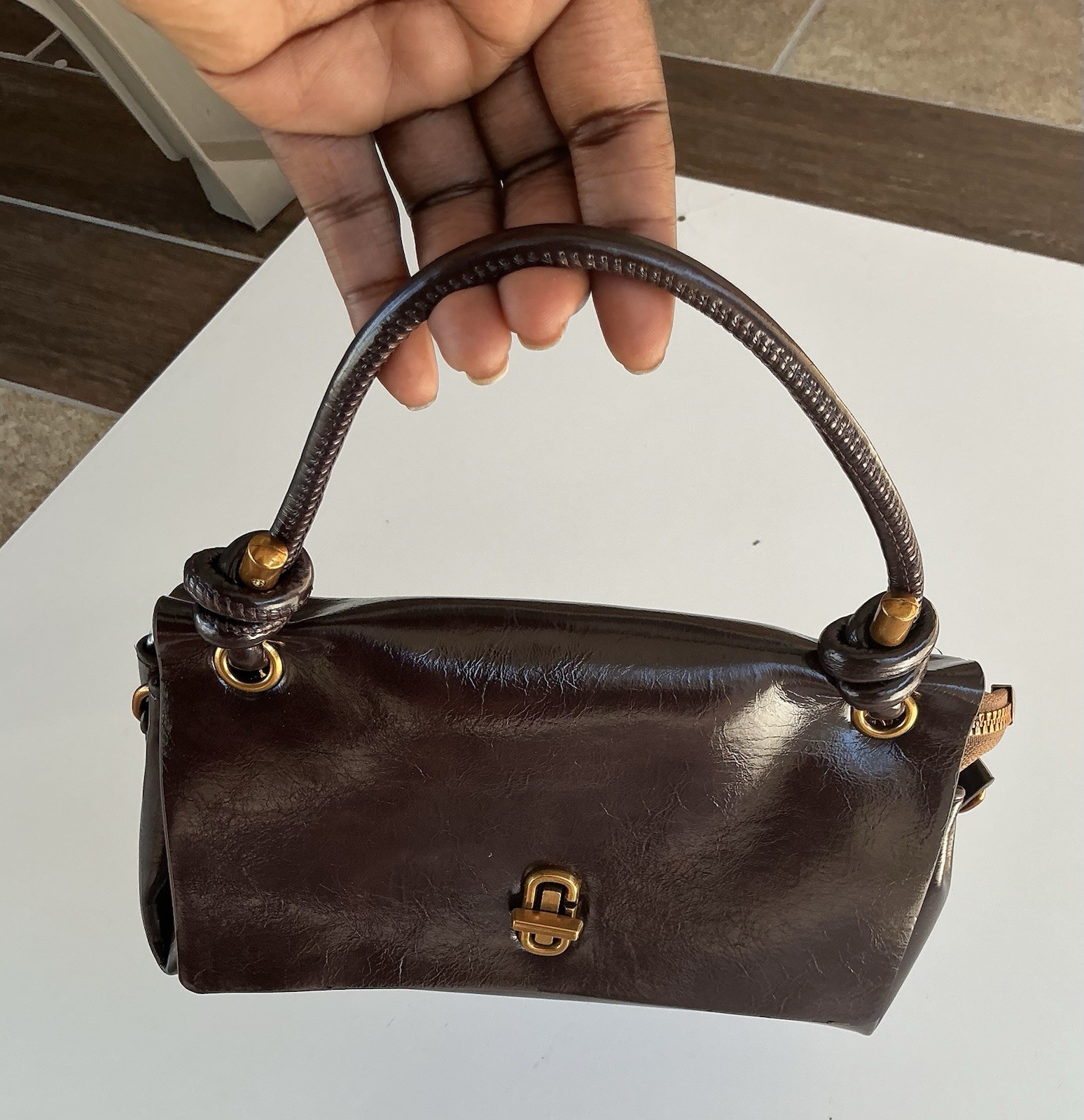 Brown Top Handle Bag w/ Turn Lock & Zip, Gold Hardware, Lined Inner Pockets