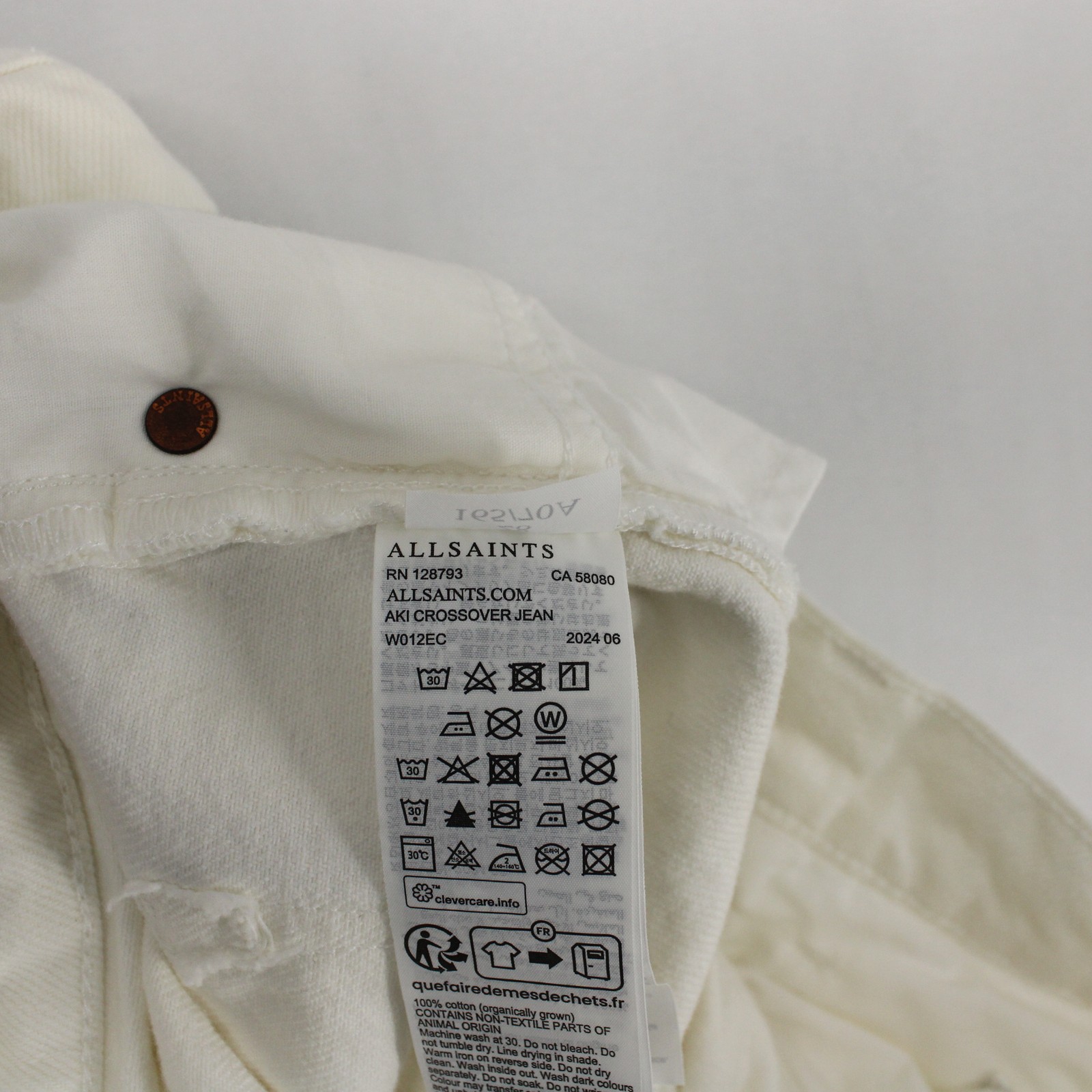 AllSaints Aki Jeans Womens 28 White Crossover Waist Raw Hem Wide Leg Asymmetric