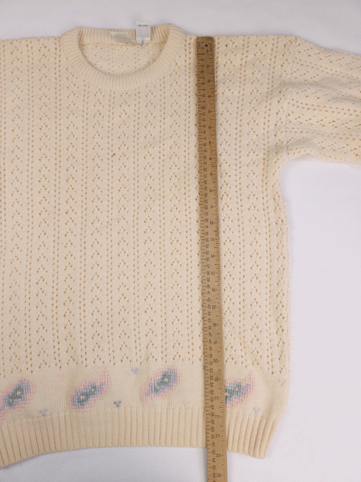 J.G. Hook Vintage Wool Cream Pointelle Needlepoint Embroidered Sweater Medium