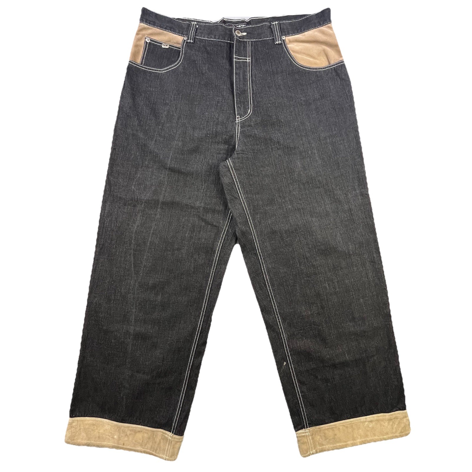 MUKA WEAR Jeans Men 42×31 Black Denim Cotton Suede Cuff & Pockets Baggy Hip Hop