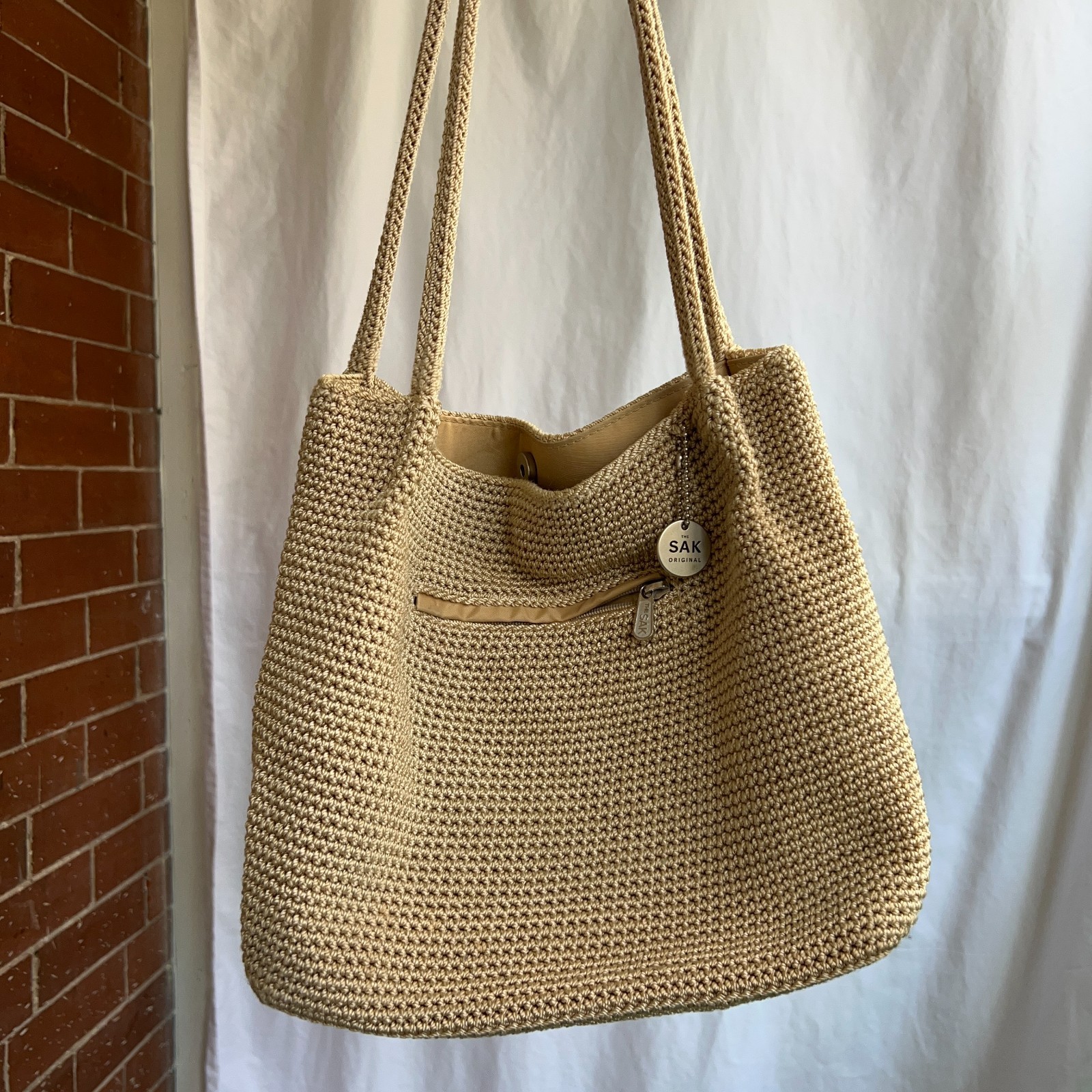 The Sak Original Crochet Tote Bag Beige Woven Shoulder Bag Large Boho Purse