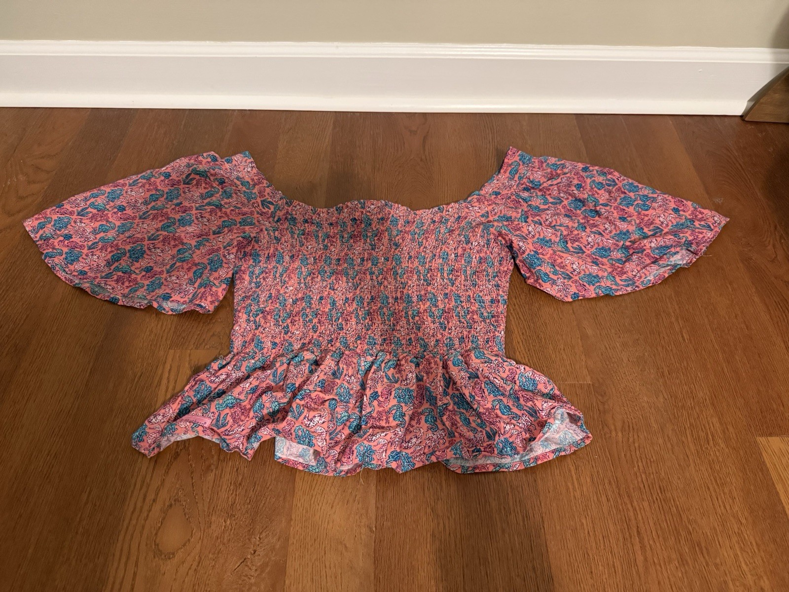 Simply Southern Smocked Seahorse Peplum Top Pink Blue Coastal Flutter Sleeve M⁠