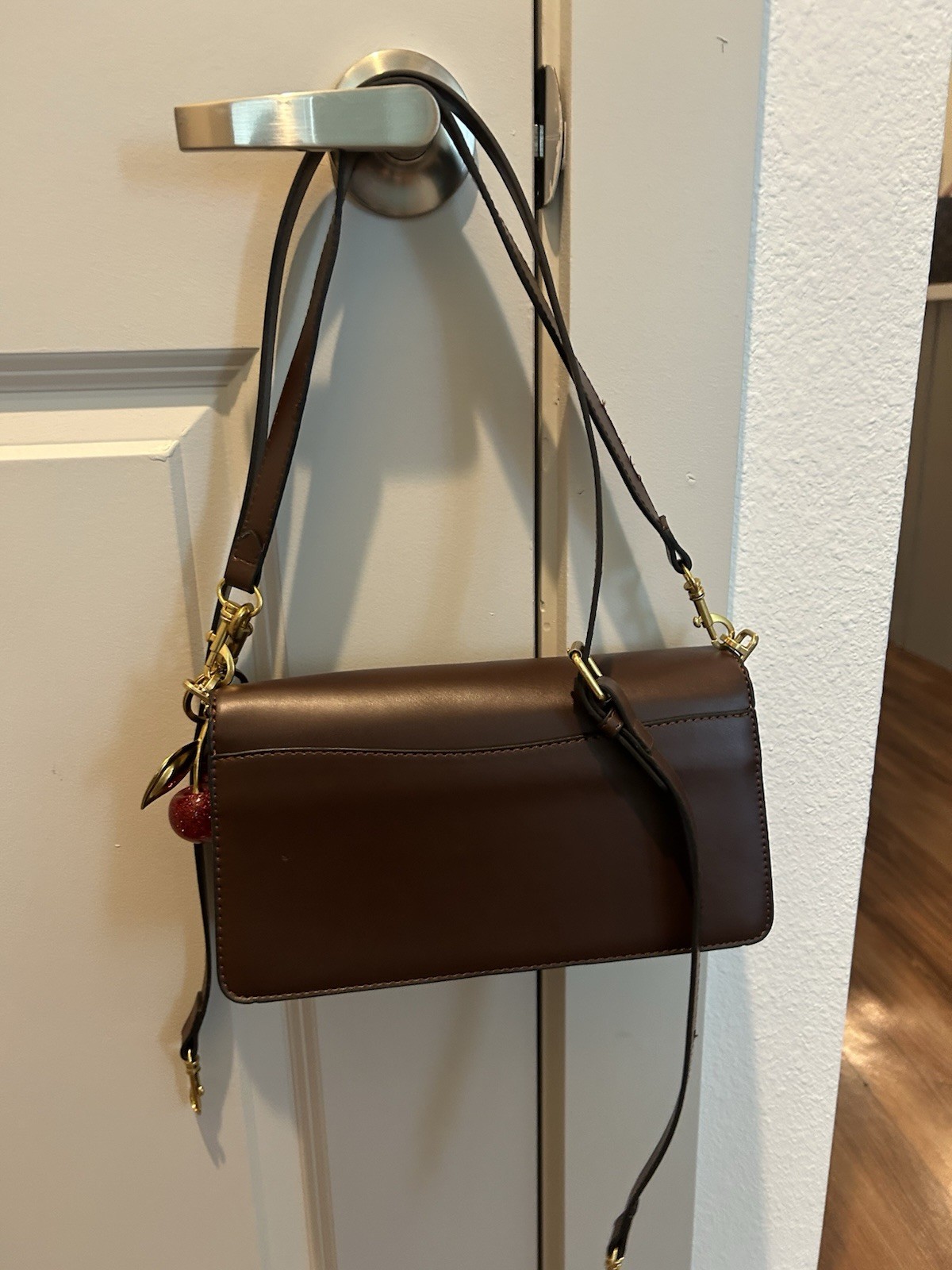 Coach Brown Small Crossbody Bag Turn Lock with Cherry Charm Detachable Strap