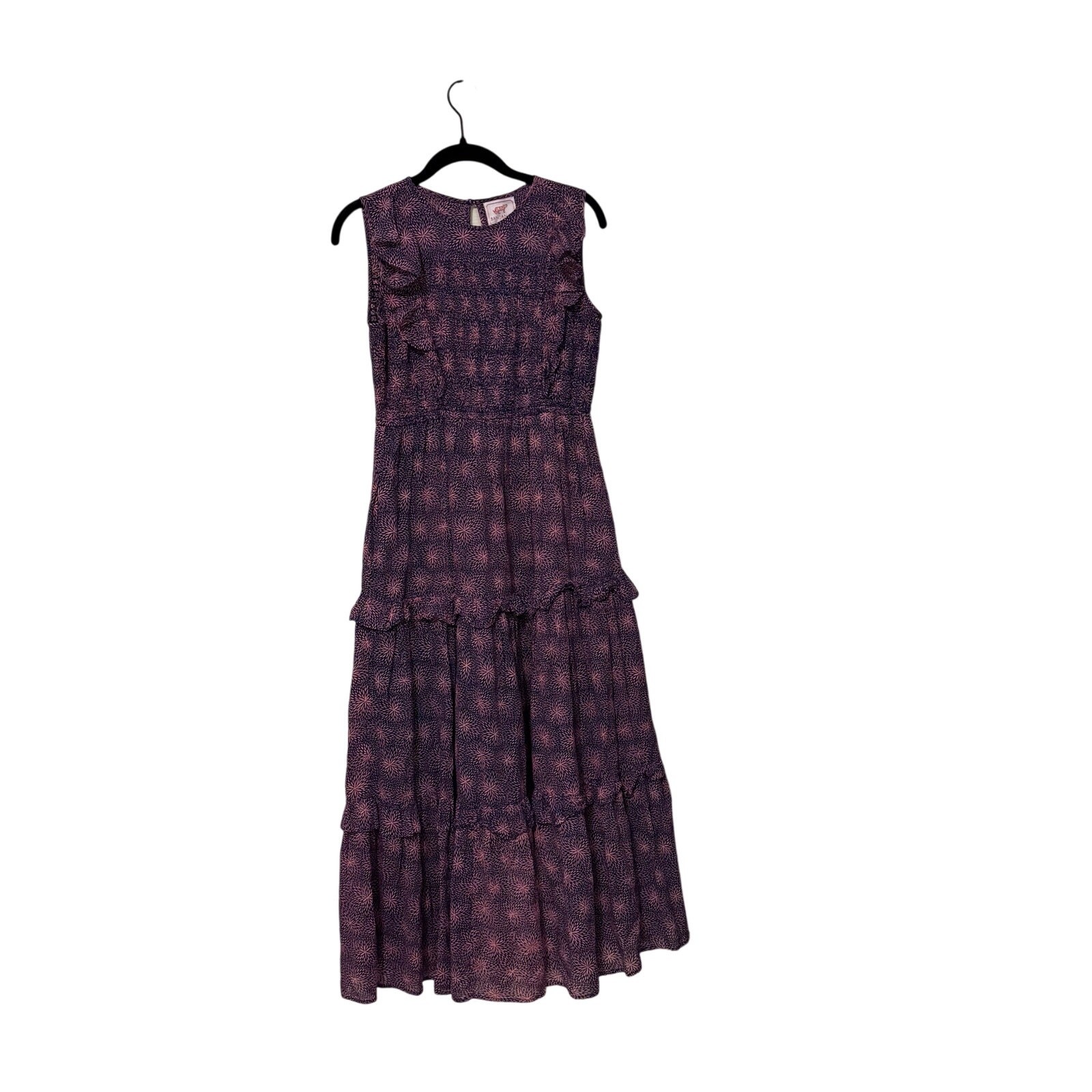 Banjanan 100% Cotton Pink Blue Iris Smocked Floral Midi Dress Size Small