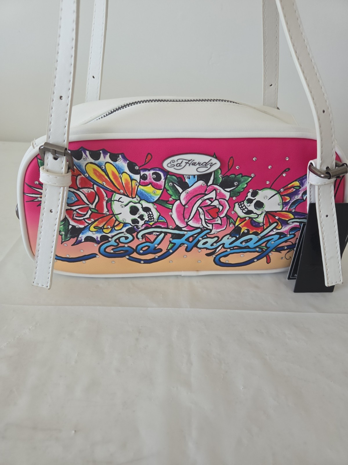 Ed Hardy Purse Satchel White Rhinestone Adjustable Straps Skull Wings Flowers