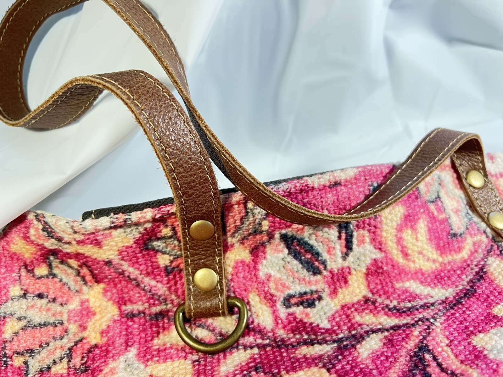 Myra Large Canvas and Leather Purse Shoulder Bag in Pink Floral Flowers