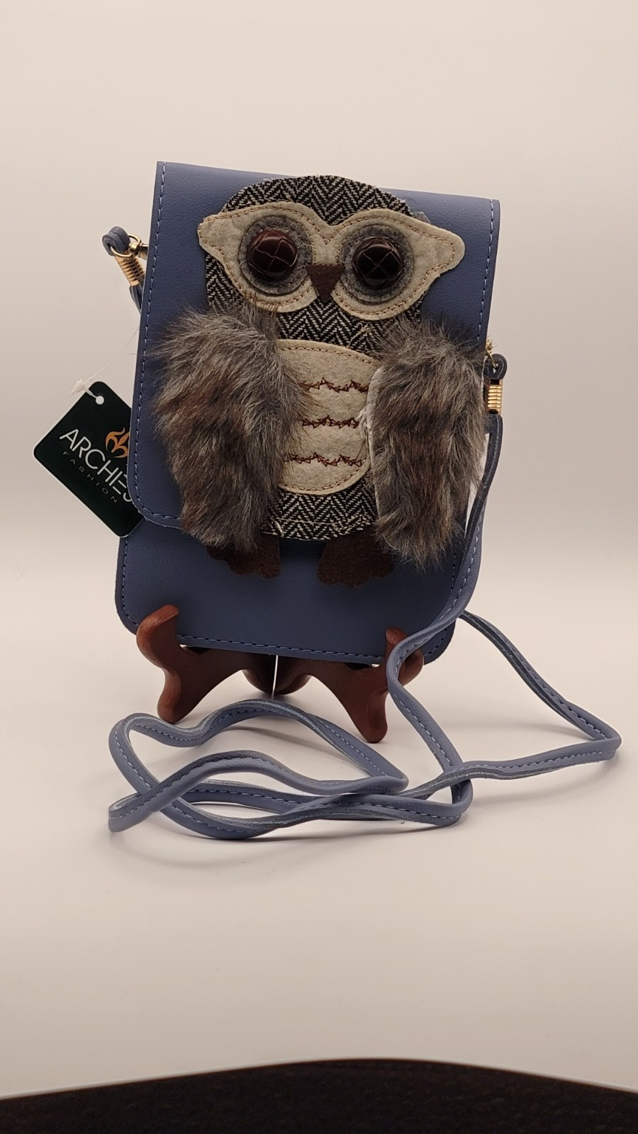 Archies Fashion Owl Crossbody Purse. Faux Leather In Blue.