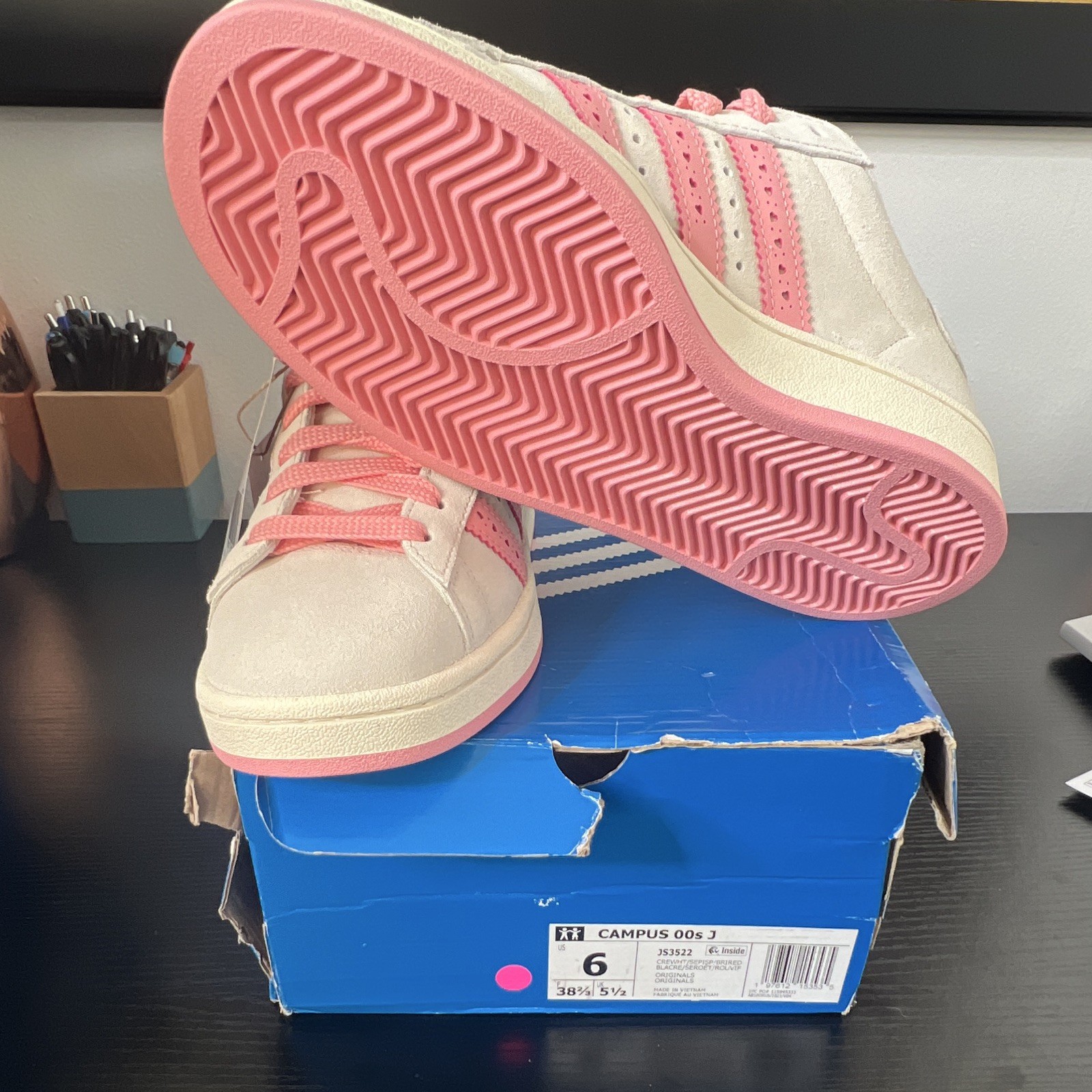 adidas Campus 00s J Unisex Kids Sneaker White/Pink Suede US 6 EU 38 2/3