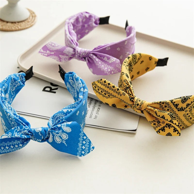 Fashion Paisley Bandana Headband for Women Top Knotted Bow Hairbands Cute Rabbit