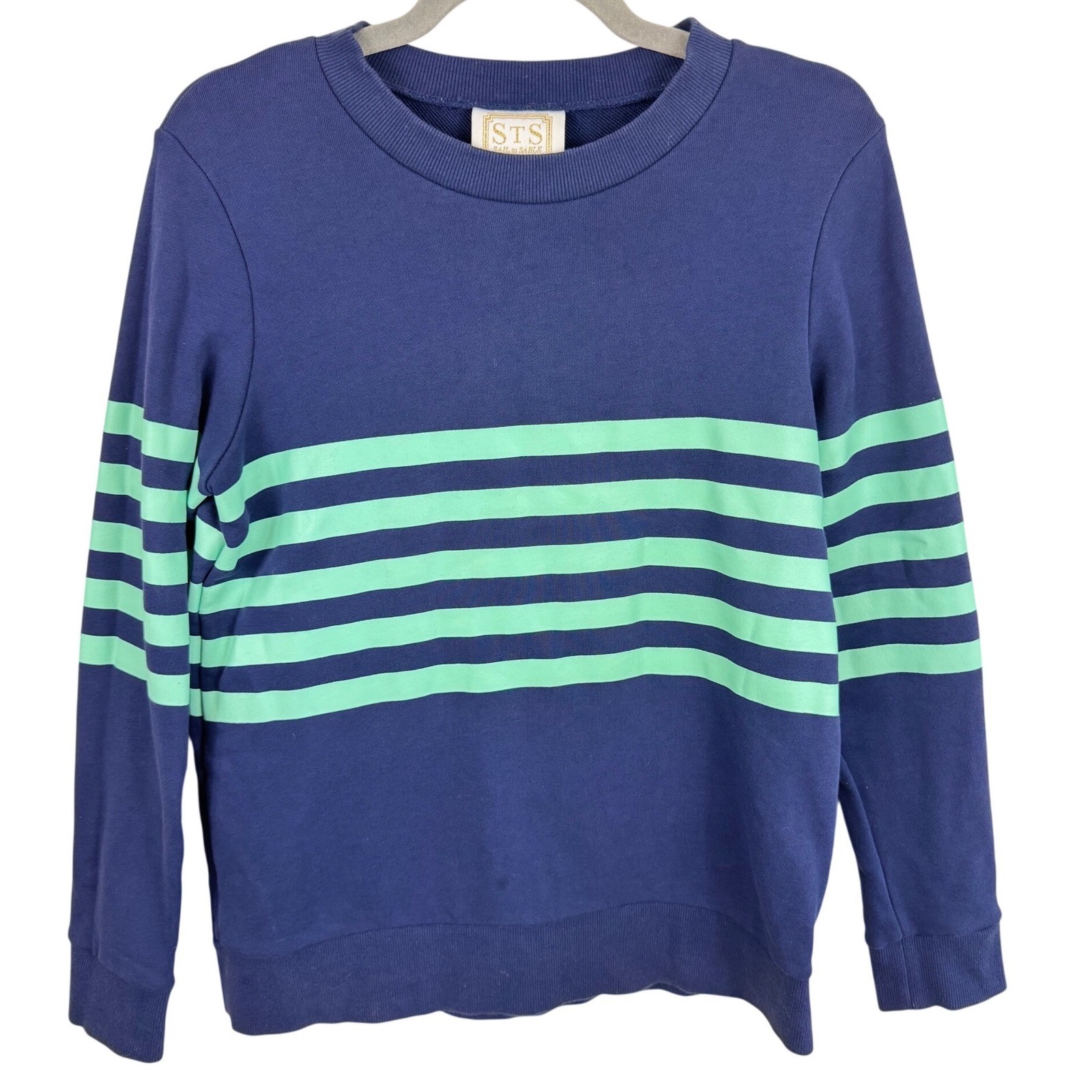 Sail to Sable STS Womens Navy Blue Mint Green Striped Cotton Sweatshirt Small