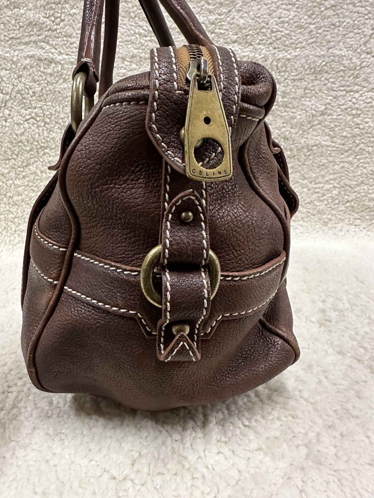 Celine Brown Leather Handbag Handle Purse Satchel Horse Buggy Logo Dust Bag Tags