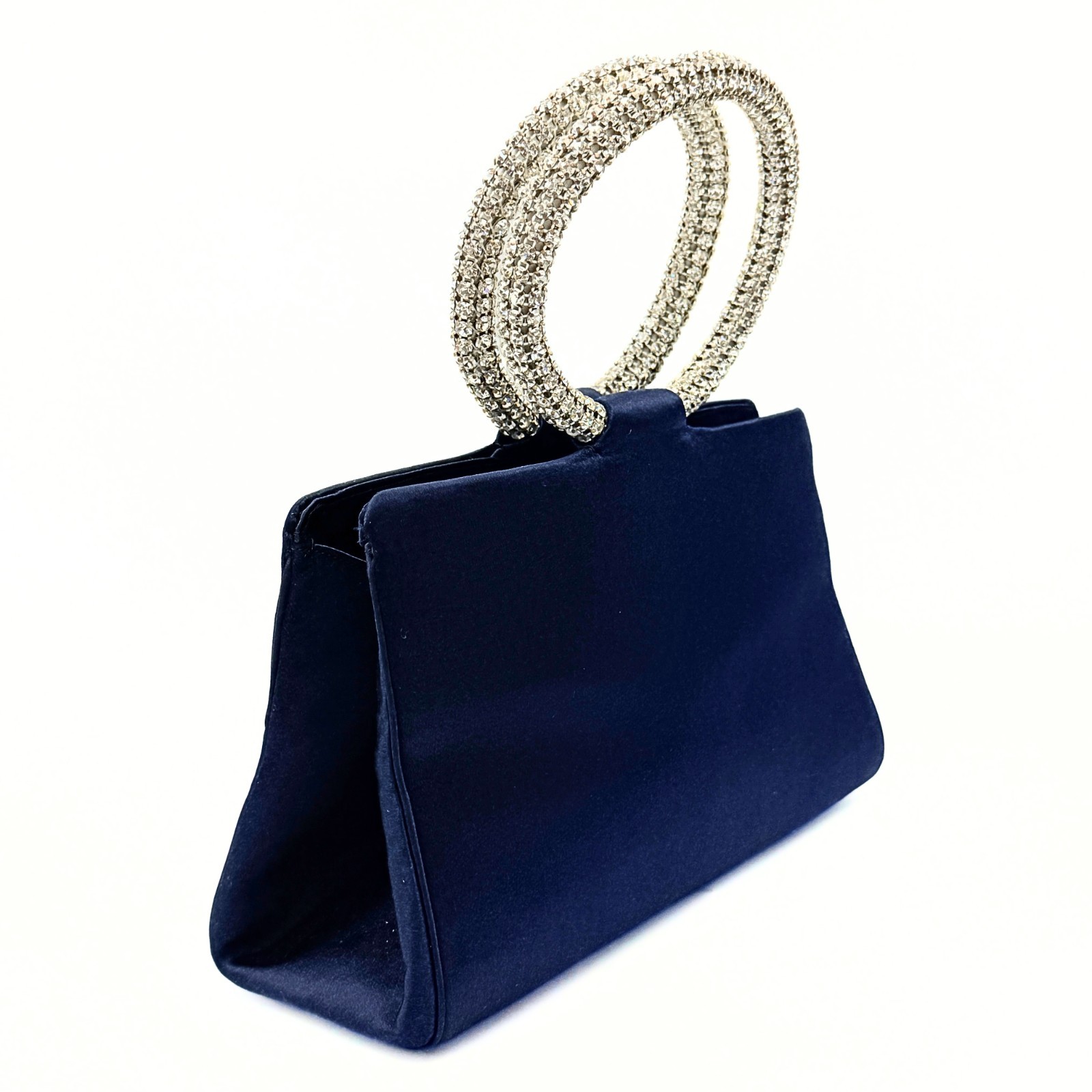 Judith Leiber Midnight Blue Satin Rhinestone O-Ring Top Handle Clutch Bag