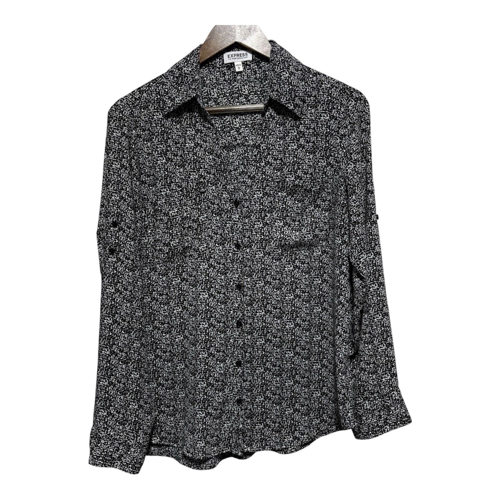 Express Blouse Womens M Black White Print Portofino Roll Tab Sleeve Button Front