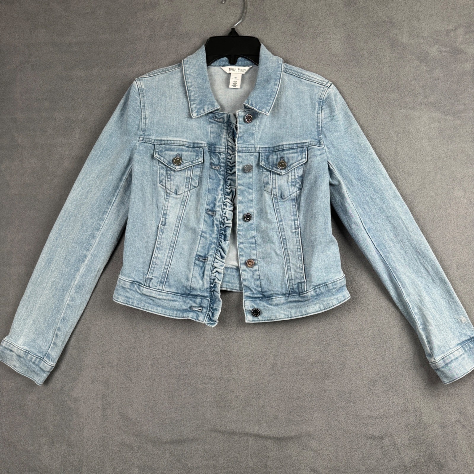 White House Black Market Light Wash Ruffle Denim Jacket Size 00 570280766