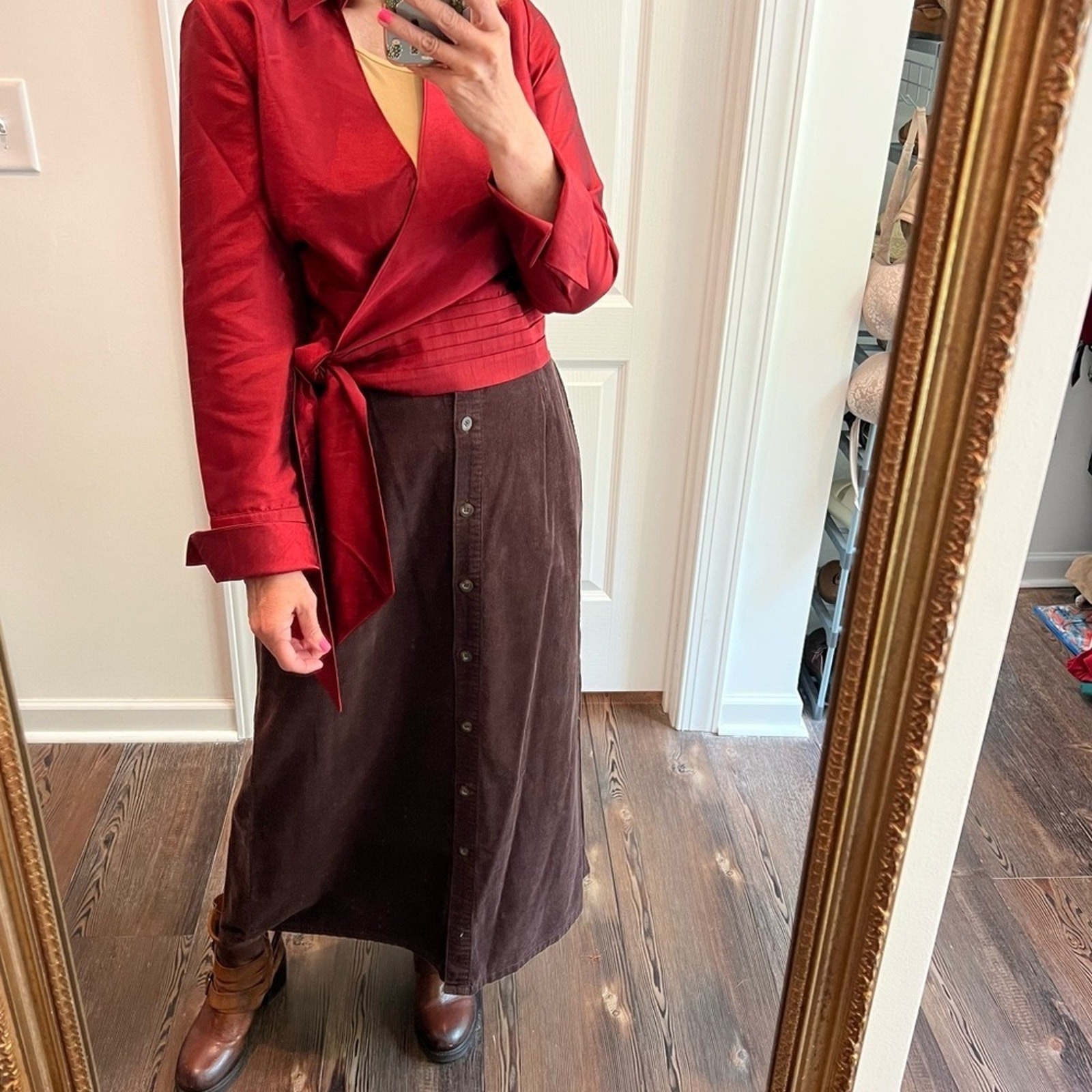 Coldwater creek faux silk deep red wrap top size small red the color