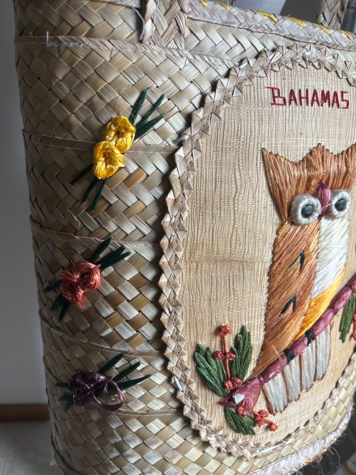 vintage straw Bahamas Owl tote handbag embroidered 25 in
