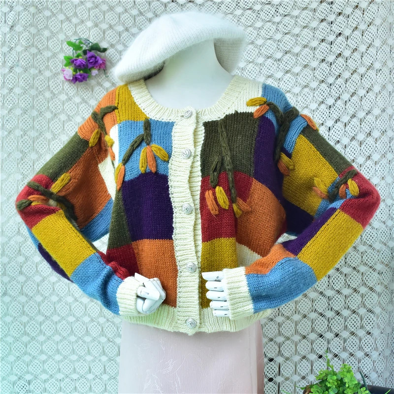 100% Wool Women Fashion Crochet Flower Short Style Loose Cardigans Sweater Coat