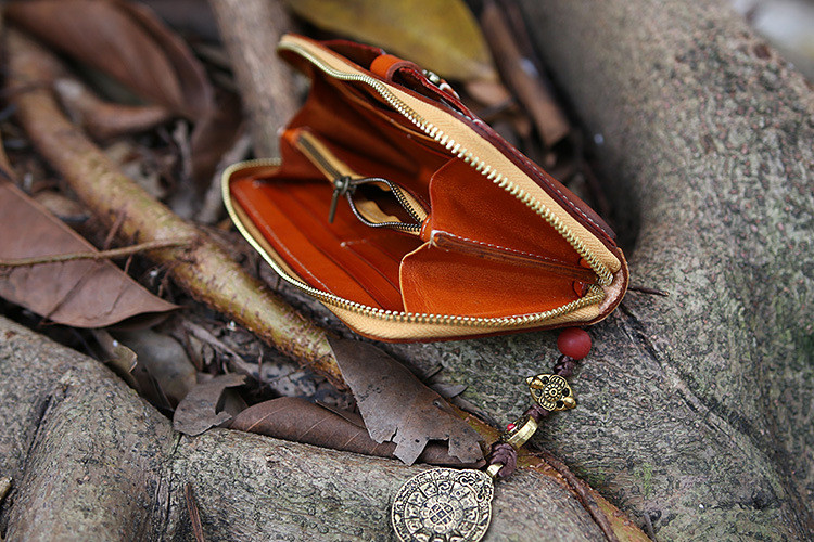 Leather Long Wallet Carved Hand Tooled Zip Around Clutch Purse +Amulet Pendant