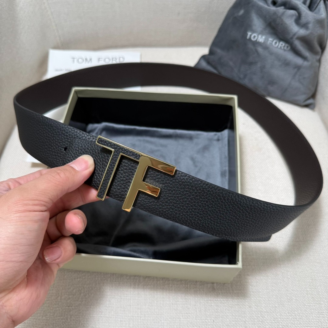Tom Ford Reversible Black/Brown Calfskin Belt with Gold Metal T-Buckle Belt