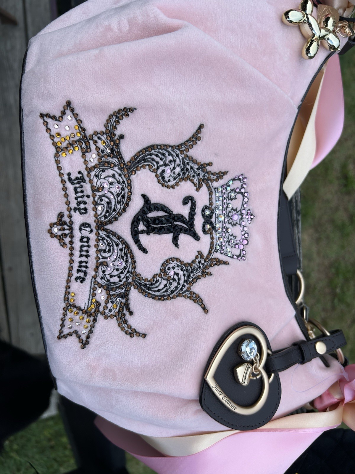 Juicy Couture Need More Juicy Pink Clay Velour Hobo Bag with Custom Gothic Crest