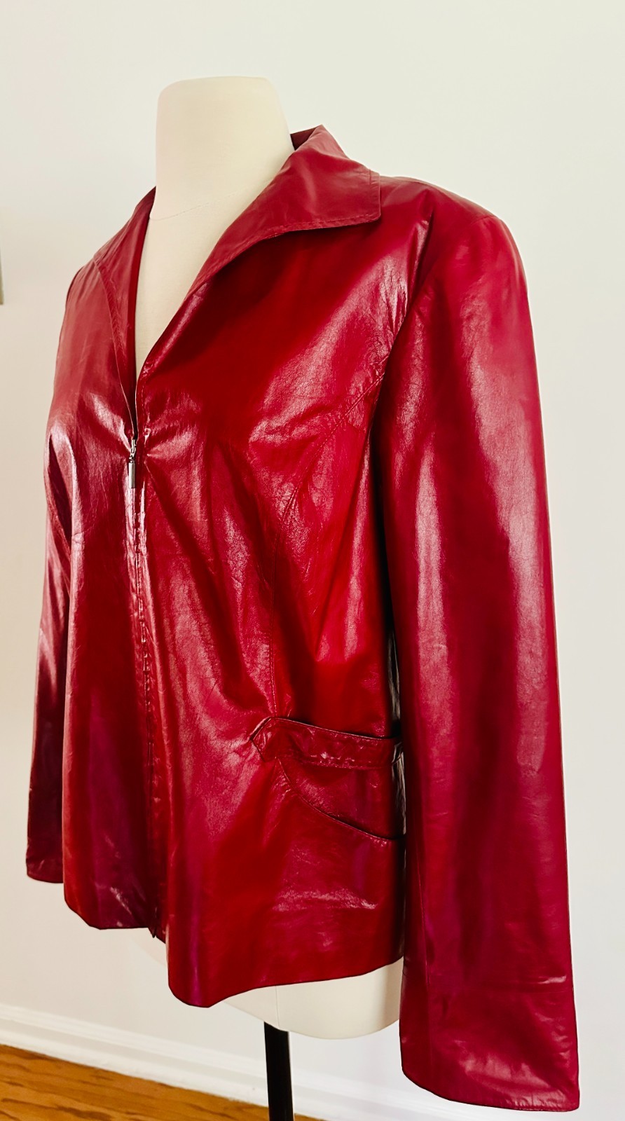 Lafayette 148 NY Burgundy Stylish Lambskin Collared Leather Jacket Zip 8