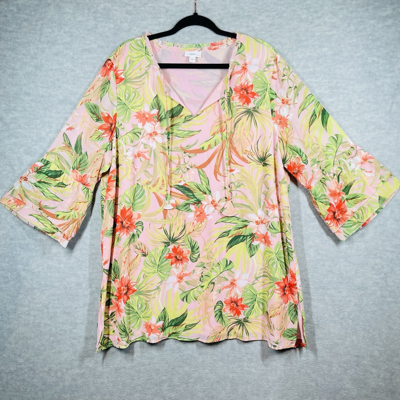 J. Jill Floral Chiffon Tunic Top XL Lined Ruffles Tropical Resort Paradise Beach