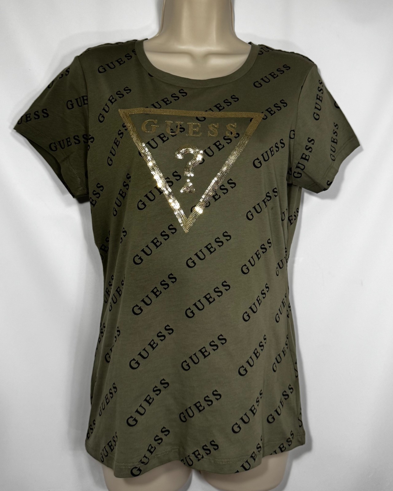Guess Women’s Dolores All Over Print Logo Crew Tee Size Large Sand Dollar