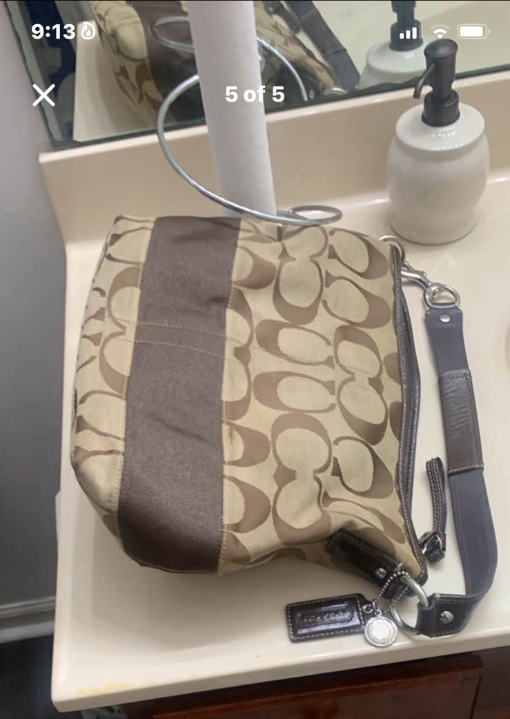 Coach Signature Monogram Shoulder Bag, Brown/Beige, Zip Closure, Medium