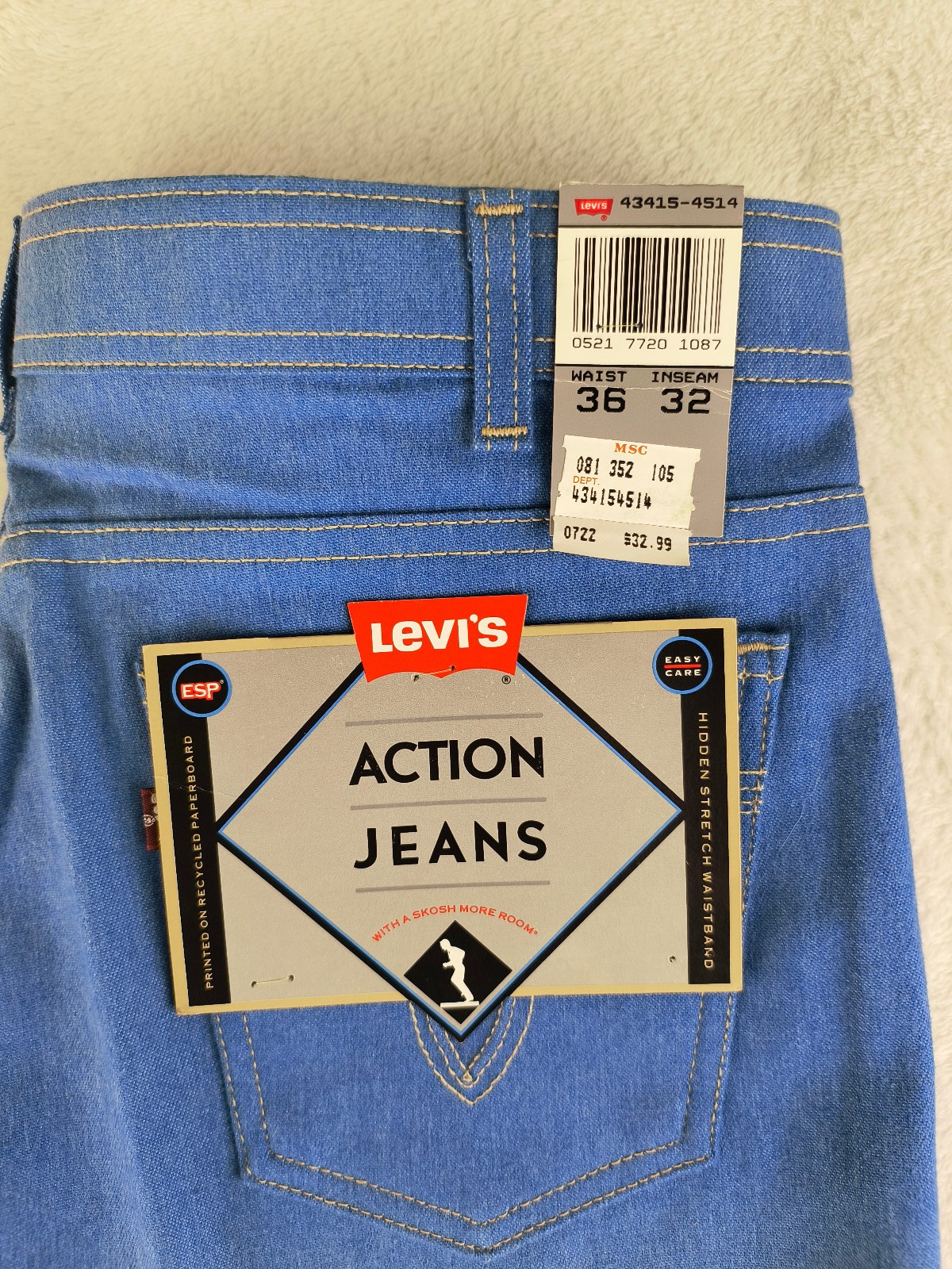 Vintage 90s Levi’s Action Jeans NOS 36 X 32 Stretch Waistband Made in USA NEW