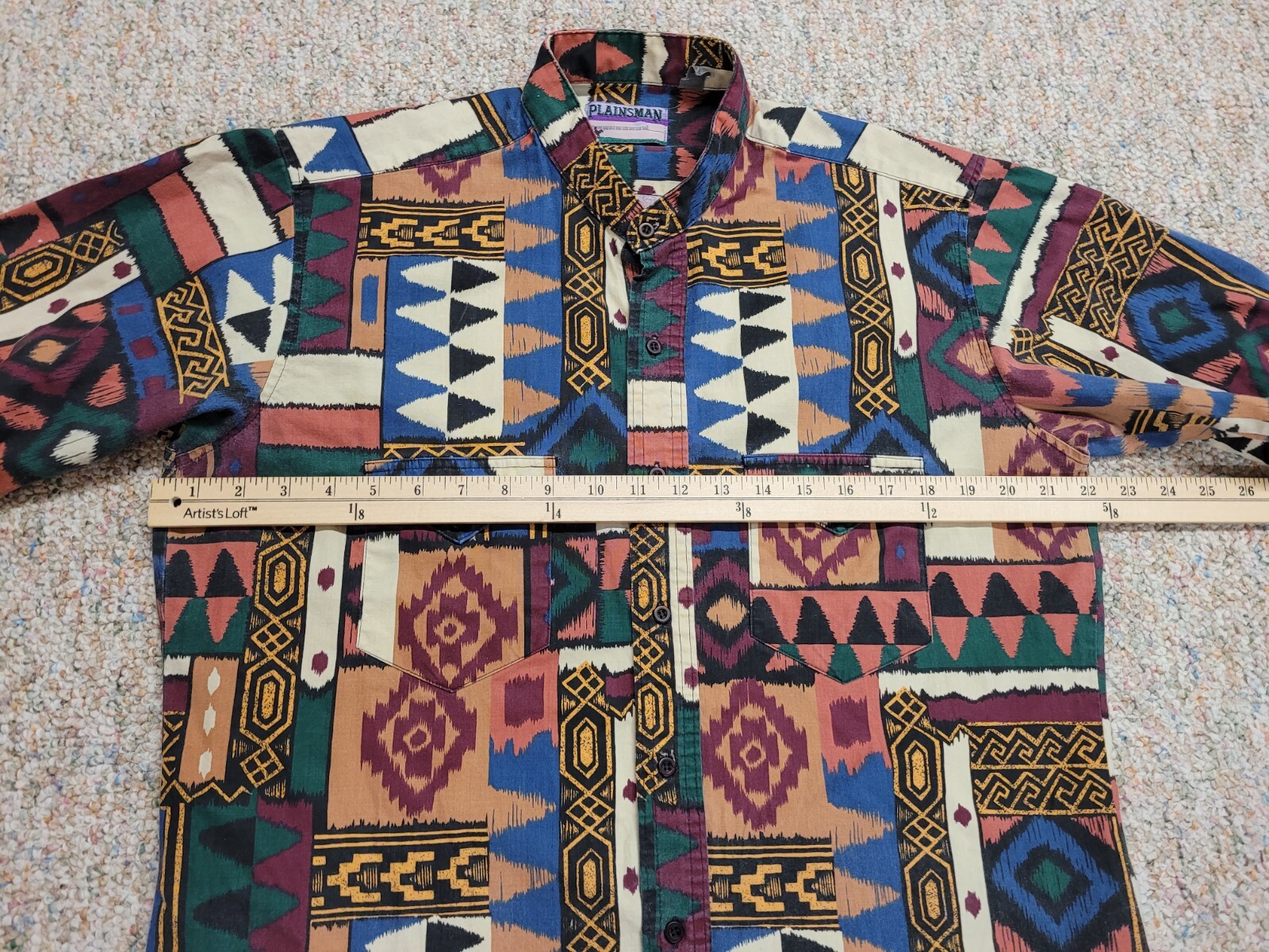 Plainsman Aztec Western Shirt Men Large Multicolor Tribal Geometric Short Sleeve