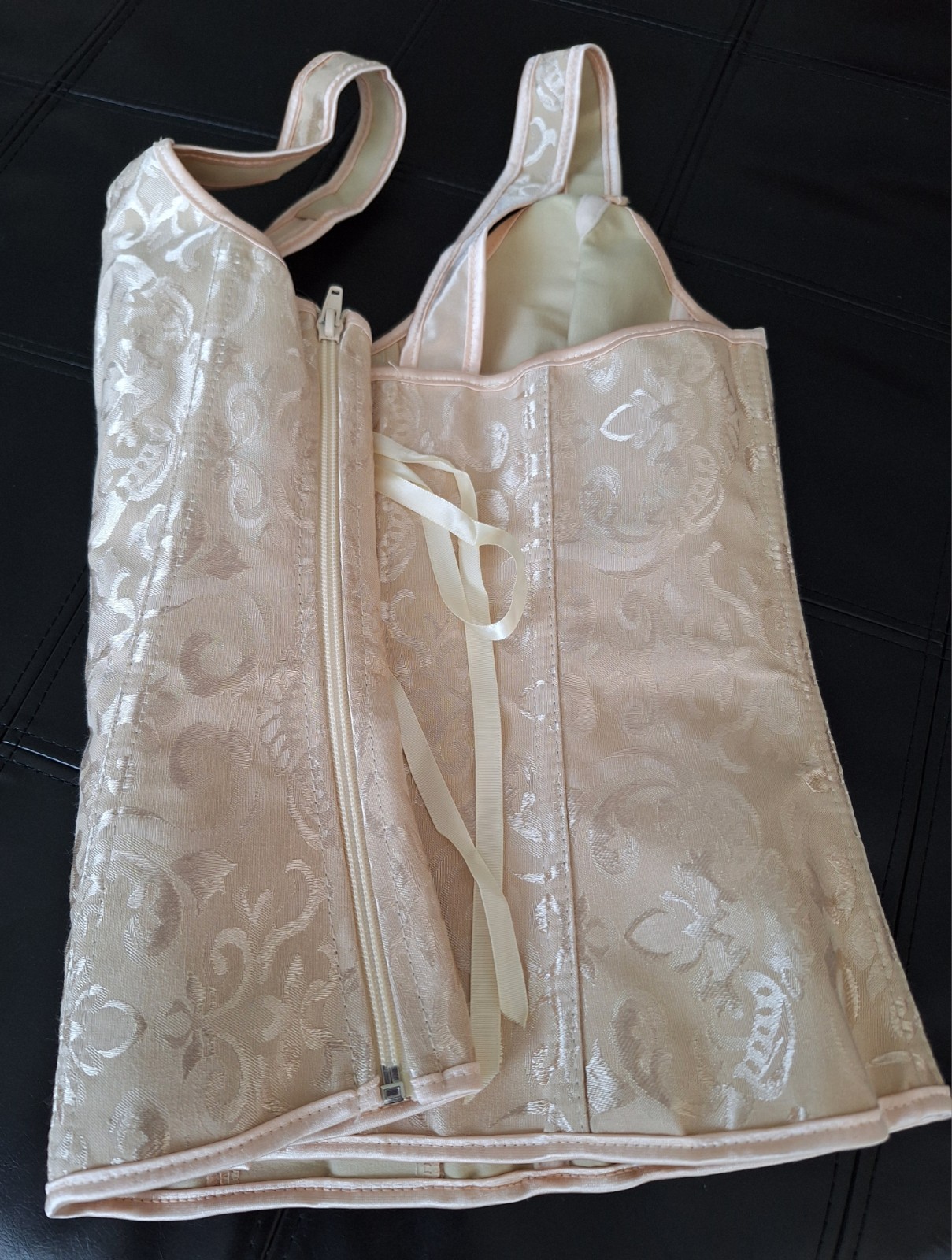 NEW Beige Satin Jacquard Strap Bustier Ribbon Lace up & Zipper Closure Corset L