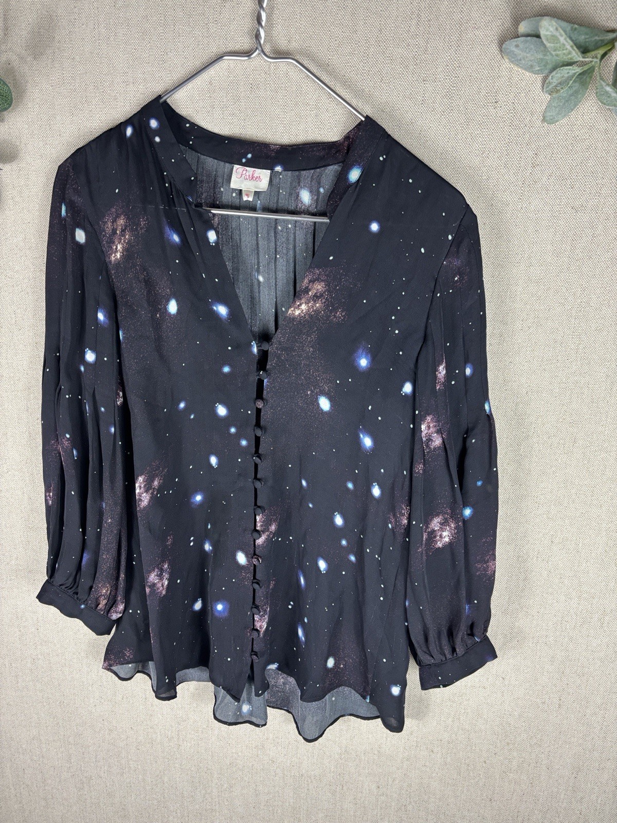 Parker Black Silk Celestial Print Button-Front Blouse Extra Small