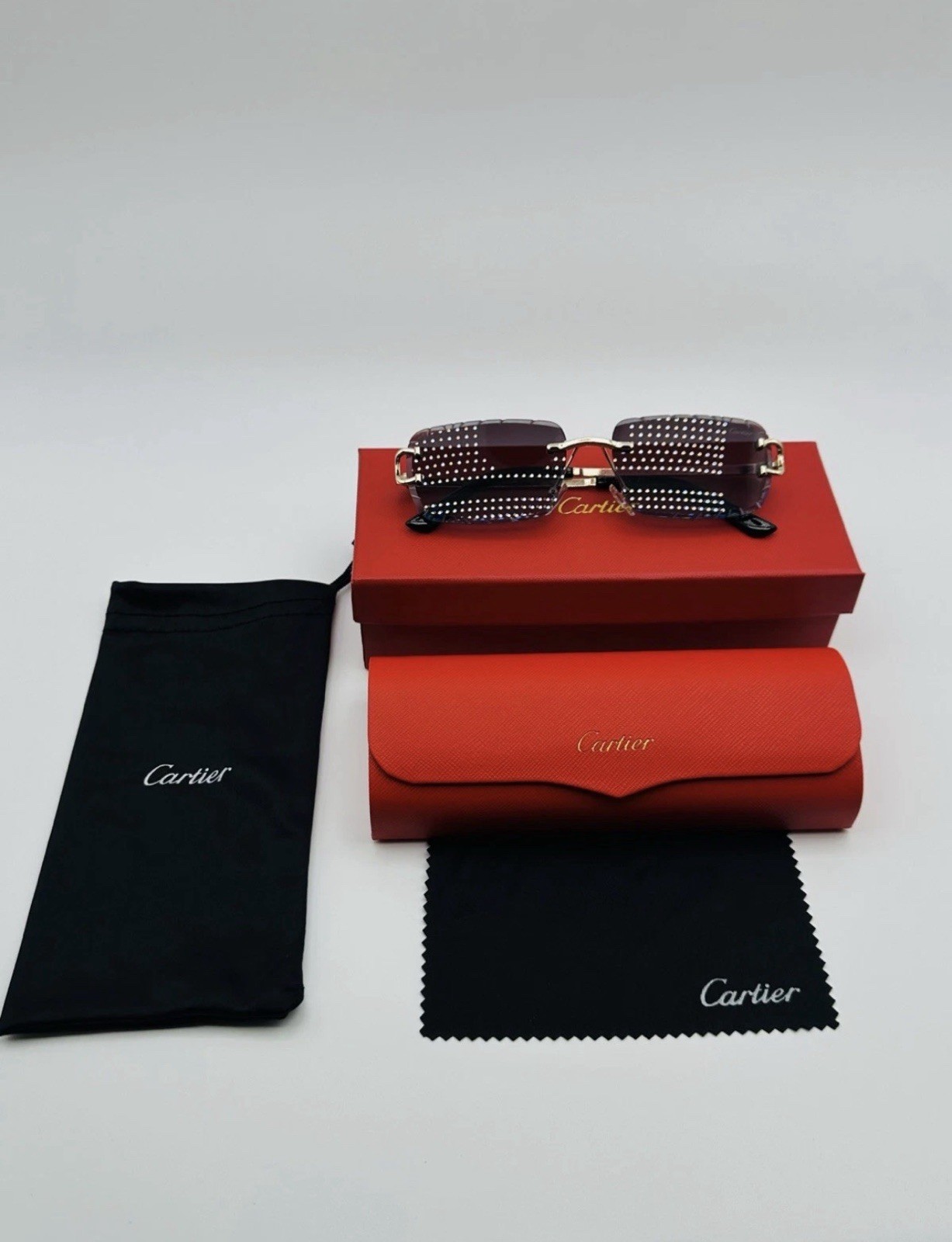 Cartier Big C Diamond Cut Red to Blue Fade Frameless Lens Gold Frame