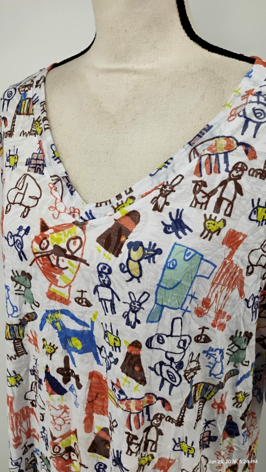 NEW Shana Cats Print Colorful Art Tunic Top V-Neck 3/4 Sleeve Size XL