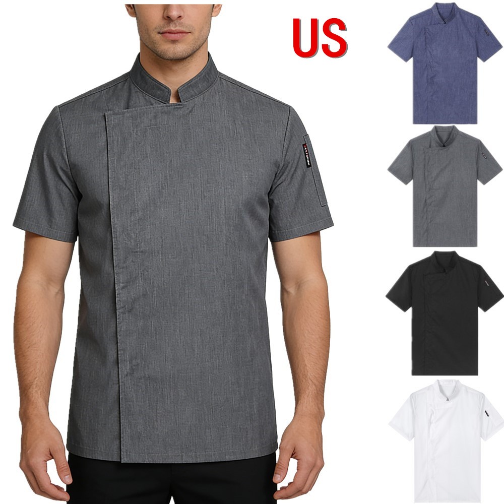 US Men Short Sleeve Chef Jacket Men’s Stand Collar Chef Coat Kitchen Uniform